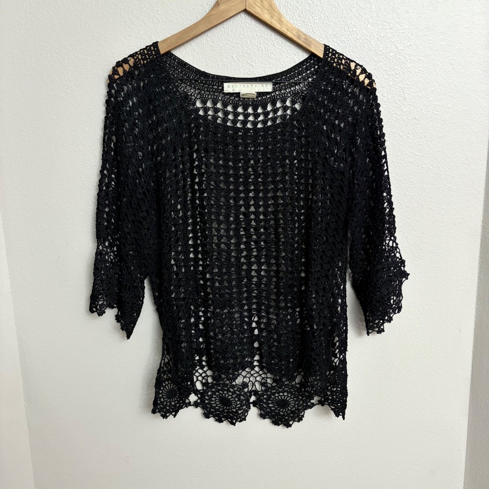 Bette Paige Crochet Top XL Y2K Boho Mesh Knit Black